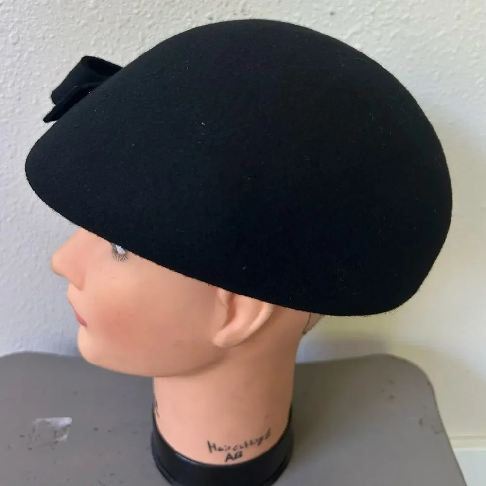 Kate Landry 100% Wool Black Cloche Hat beret Bow Retro Mod Jackie O Style winter